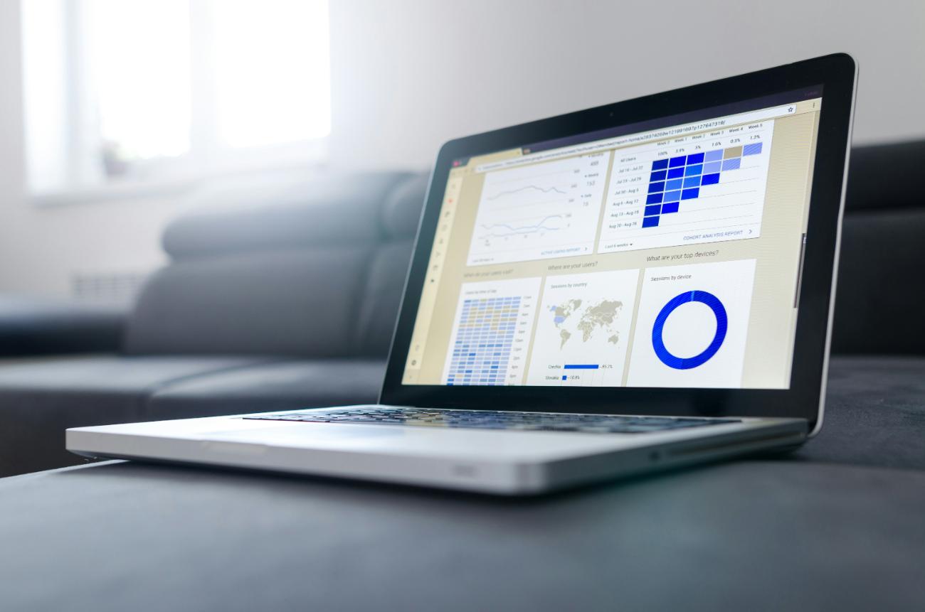 Laptop showing interactive data and pie charts